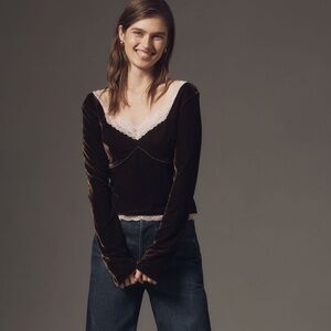 Anthropologie Velvet Lace V-Neck Top 
Xxs